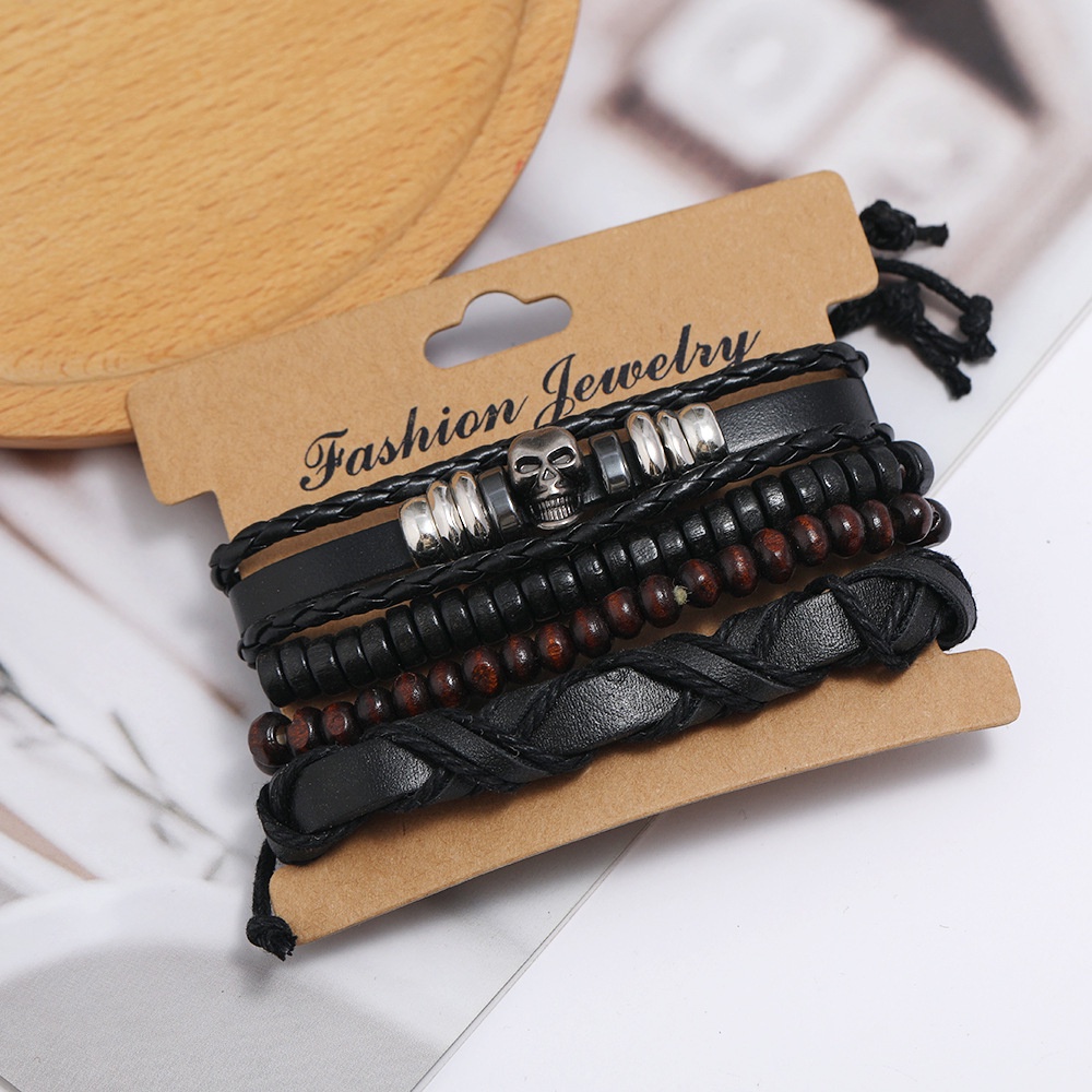 Set vòng tay da nam SKULL hạt cườm nhiều phong cách
