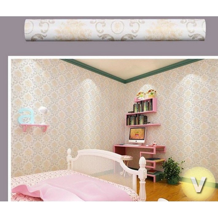 XẢ 10m Giấy dán tường Hoa văn cổ điển vàng có sẵn keo khổ rộng 45cm