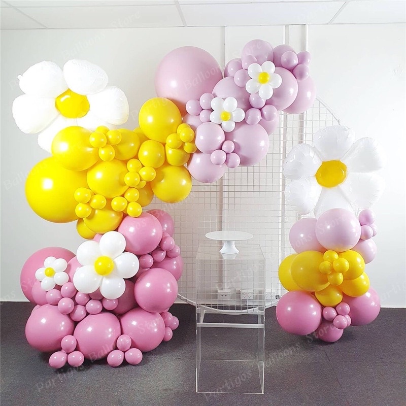 Set bóng chủ đề hoa cúc trắng daisy mix bóng tròn siêu đẹp trang trí