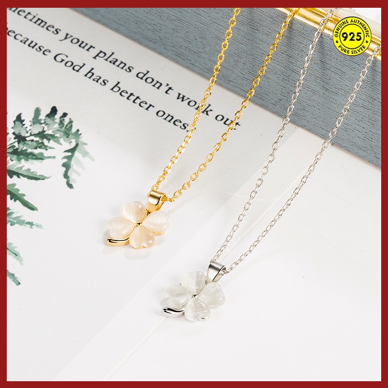 Vòng cổ Bạc 925 Mặt Cỏ Ba Lá Đính Đá Opal Sang Trọng Đơn Giản Cho Nữ