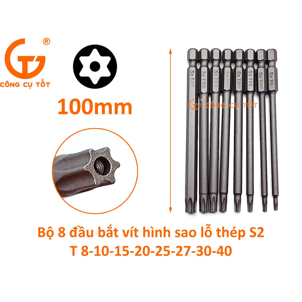 Bộ 8 đầu bắt vít hình sao lỗ 100mm các cỡ T8, T10, T15, T20, T25, T27, T30, T40