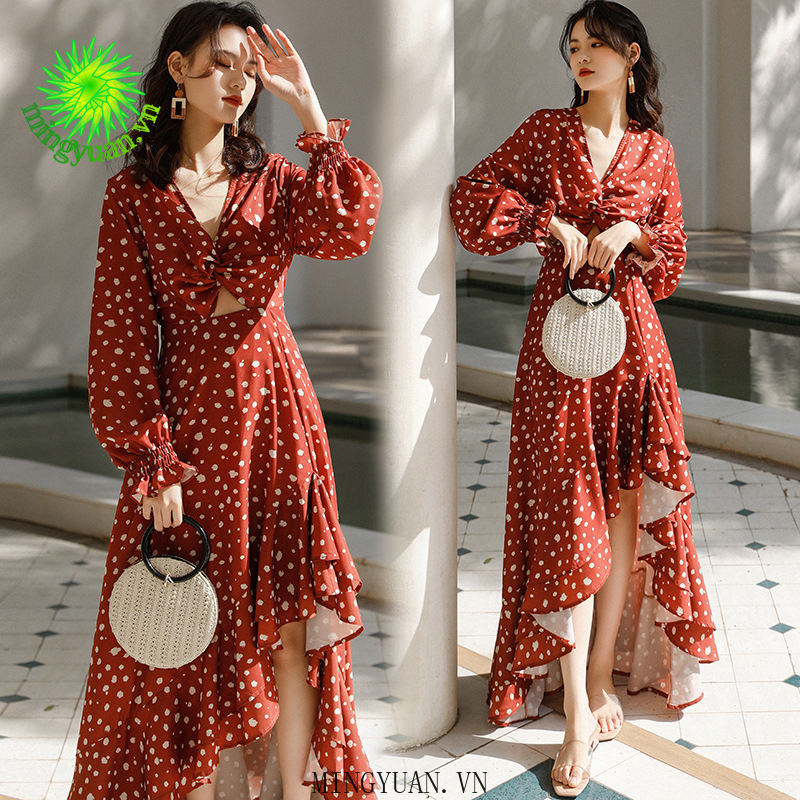 Đầm Dáng Dài In Họa Tiết Phong Cách Retro Nữ Tính