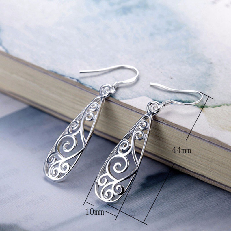 1 Đôi Bông Tai Bạc Hình Giọt Nước Chạm Khắc Phong Cách Bohemia Cho Nữ