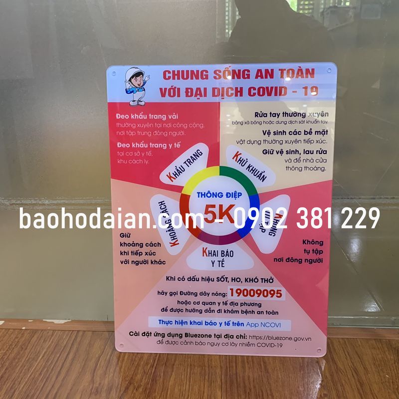 Poster/bảng thông điệp 5K phòng chống Covid chất liệu mica dán decal kích thước 30 x 40cm