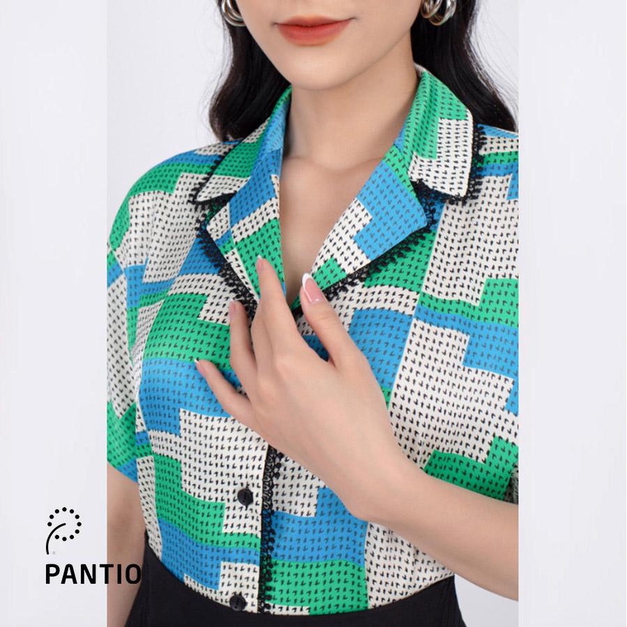 FAS33232 - Áo sơ mi công sở vải lụa dáng suông tay cánh rơi cổ hai ve viền vải ren - PANTIO