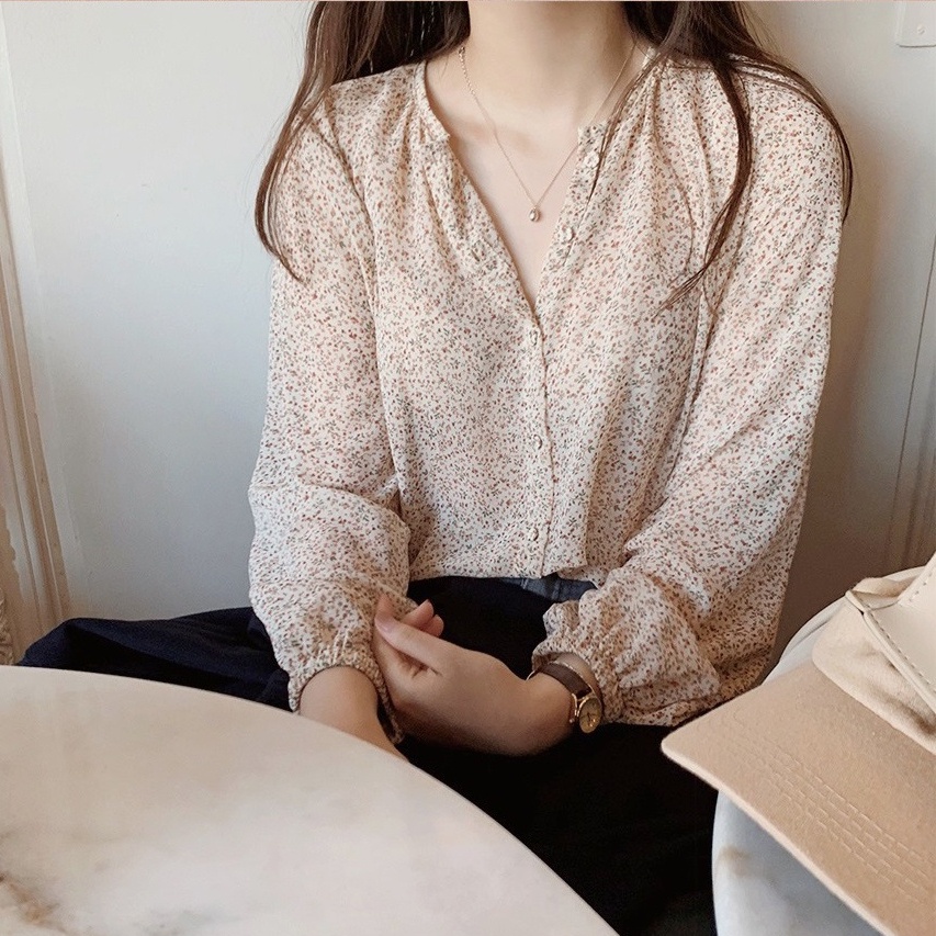 SUXI Áo Sơ Mi Nữ Dài Tay In Hoa Thời Trang Hàn Quốc