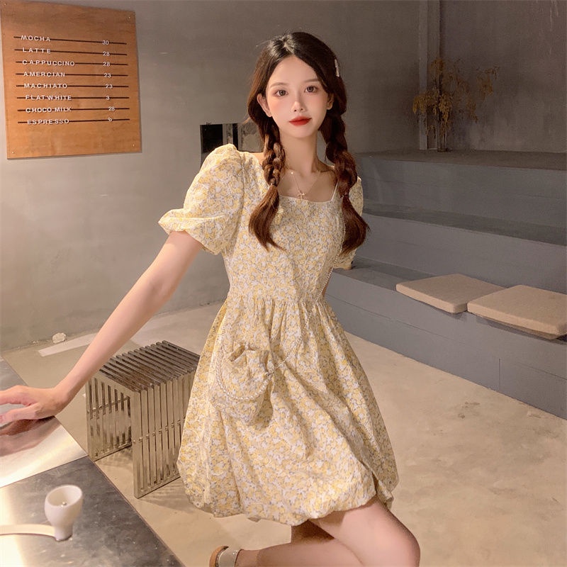 Đầm Hoa Tay Phồng Cổ Vuông Thời Trang Mùa Hè Phong Cách Mới Ngọt Ngào Dễ Thương Cho Nữ