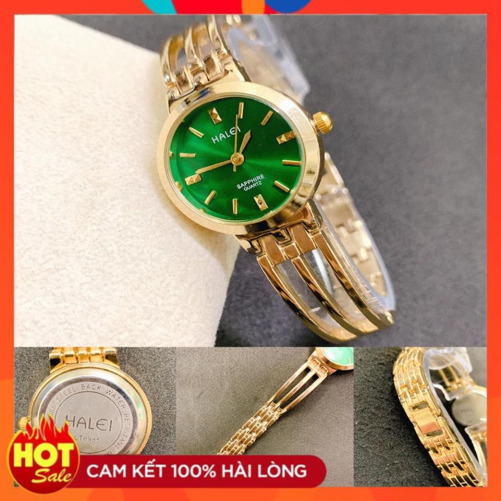 Đồng hồ Nữ Halei máy Nhật chính hãng mặt saphia tròn 25mm dáng lắc dây thép vàng mặt xanh lá chống gỉ chống nước