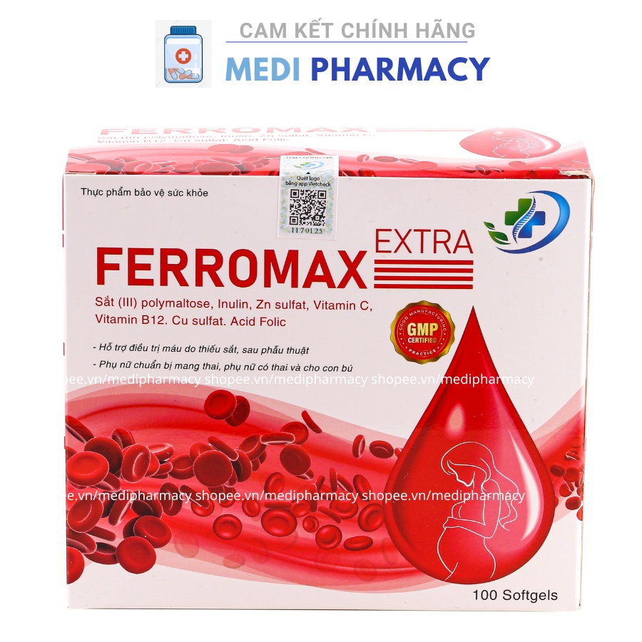 Viên uống bổ máu Ferromax Extra Vinaphar 4 mắt bổ sung Sắt, Acid Folic cho người thiếu máu - Hộp 100 viên
