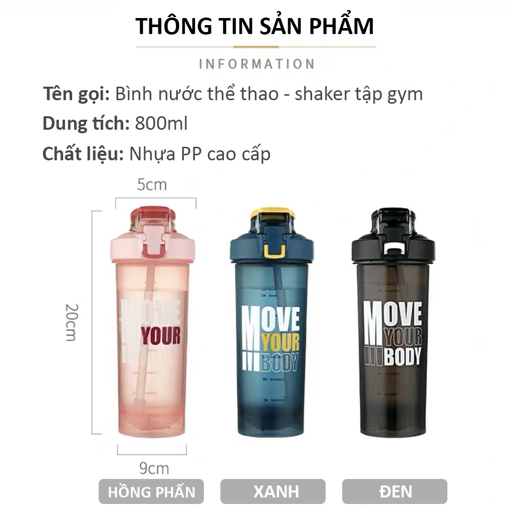 Bình nước thể thao 800ml bằng nhựa cao cấp an toàn sức khỏe shaker tập gym 3 màu sắc unisex Harry's Bottle | BigBuy360 - bigbuy360.vn