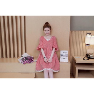 Váy Bầu Kẻ Caro Đỏ Tay Loe Viền Ren ( kèm ảnh thật )