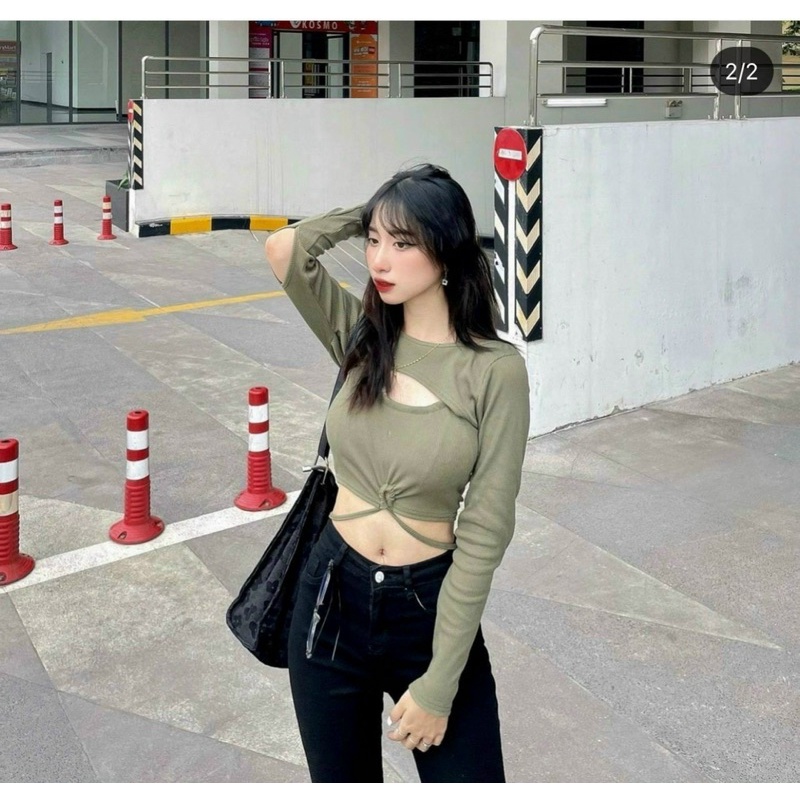 Set 2 Món Croptop Áo Dây Rút Eo Mặc 2 kiểu Kèm Áo Úp Ngược Tay Dài
