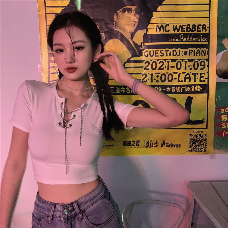 IELGY Áo Thun Nữ Ngắn Tay Cổ Chữ V Hở Eo Thời Trang