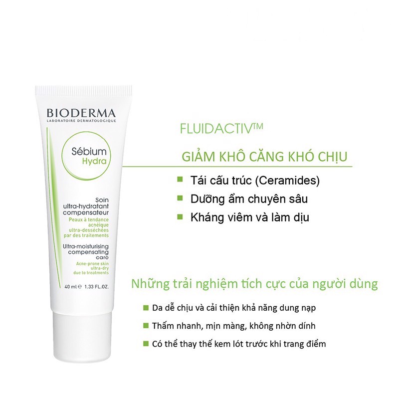 Kem Dưỡng Ẩm Dành Cho Da Nhờn Mụn giúp cấp ẩm, sáng da, ngăn ngừa lão hoá Bioderma Sebium Hydra 40ml