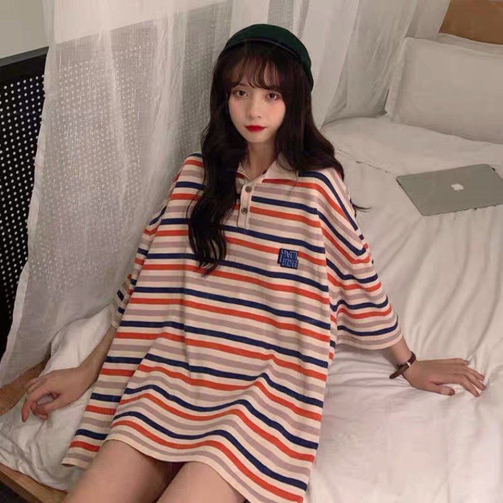Áo Phông Polo Kẻ Sọc Hồng Unisex 🦋 Áo Thun Cổ Bẻ Tay Lỡ Dáng Rộng