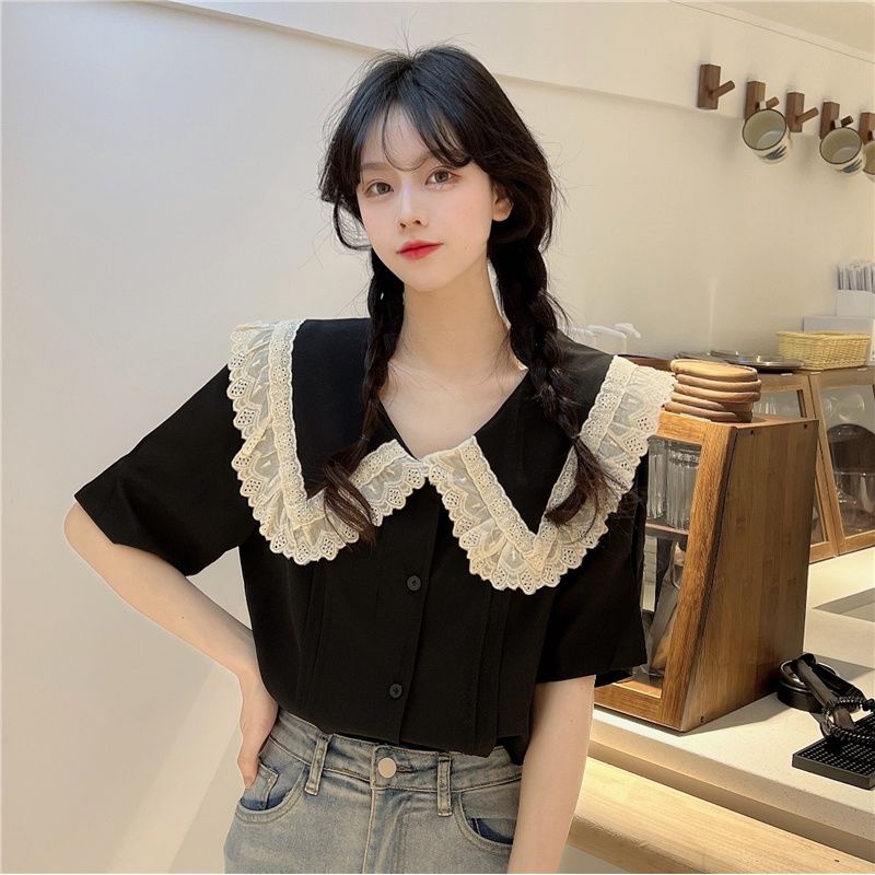 Áo sơ mi Bigsize Áo kiểu nữ form rộng tay ngắn cổ bèo mùa hè Phong cách Hàn Quốc Thời Trang cá tính xinh đẹp bigsizegiaree