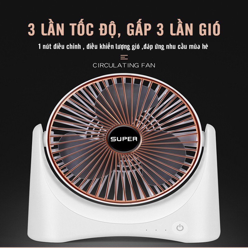 Quạt Tích Điện Mini Để Bàn SUPER FAN Với 3 Cấp Độ Gió, Sạc USB Siêu Tiện Lợi