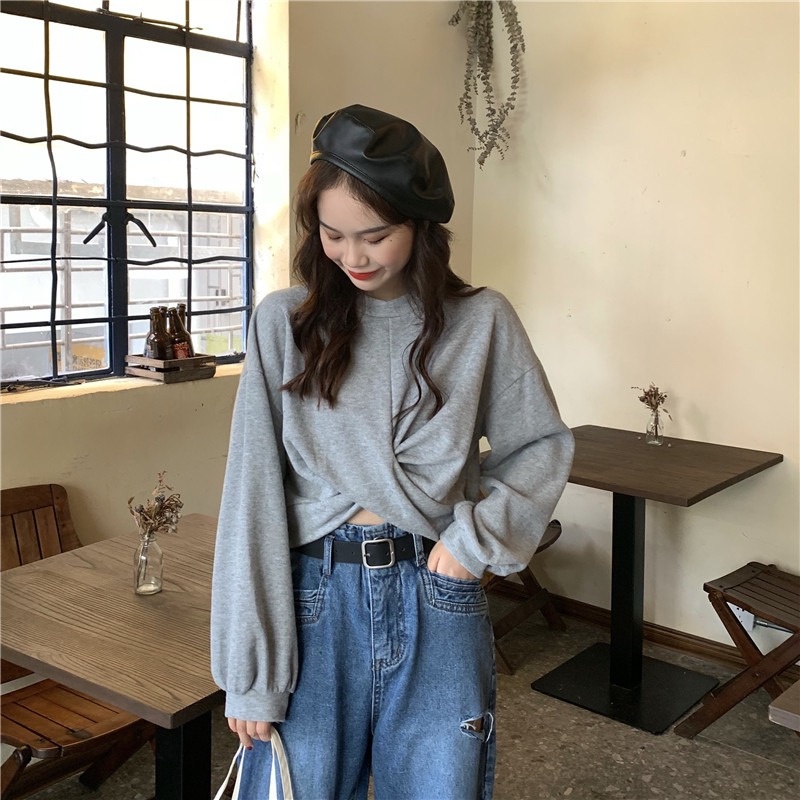 ZHELIHANGFEI Áo Sweater tay dài chéo lưng cao rốn gợi cảm