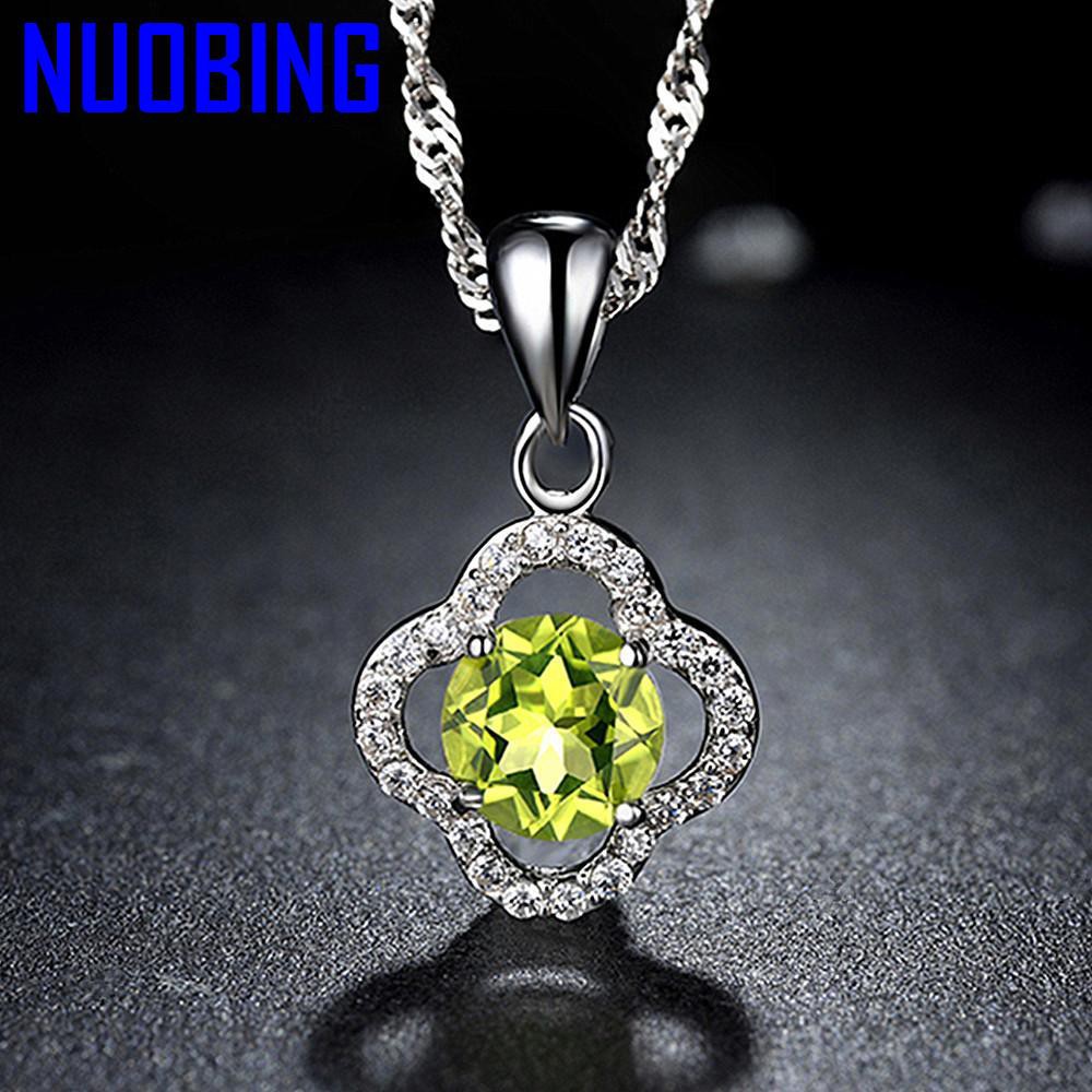 Fashion Lucky Clover Olive Crystal Peridot Gemstones Diamonds Pendant Necklaces For Women White Gold Silver Color Choker Jewelry|Pendants|