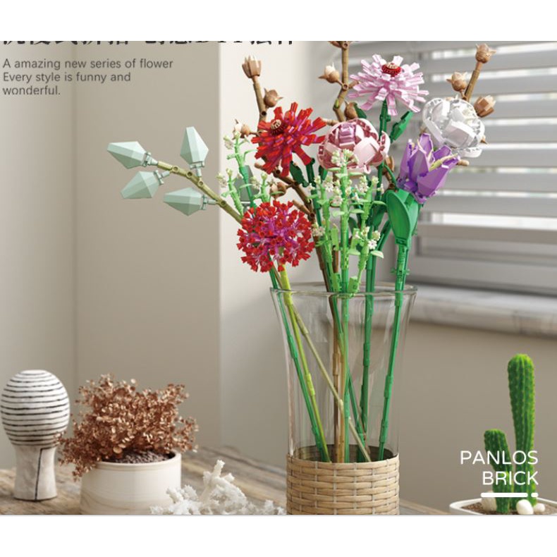 Bộ xếp hình lego Hoa Bouquet 65001 bao gồm 7+ loại hoa - Trang trí bàn làm việc và phòng khách