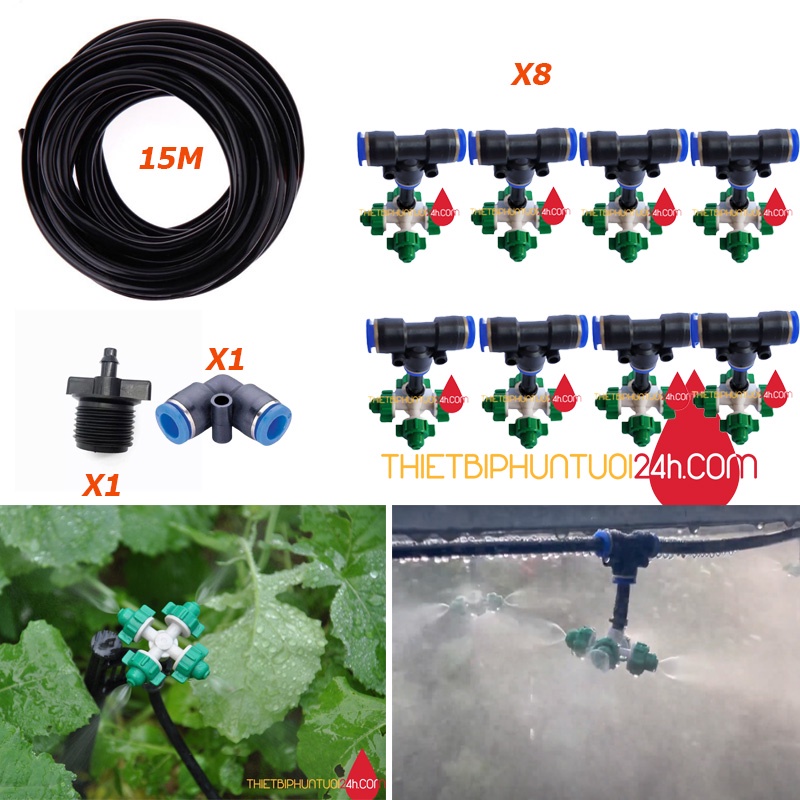 Trọn bộ phun sương 8 béc 4 hướng cho vườn cây vườn rau vườn lan không cần máy bơm lắp trực tiếp vào vòi nước - MHL