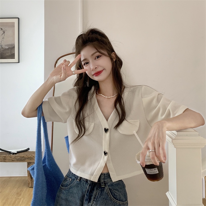 QADCOL  Áo Kiểu Tay Ngắn Phồng Cổ Chữ V Phong Cách Pháp