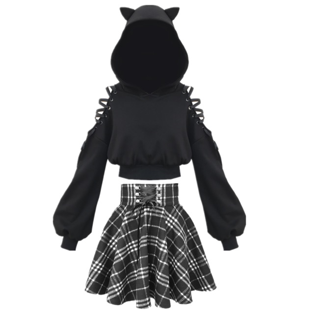YAS0093-Áo hoodie tai mèo + chân váy kẻ caro