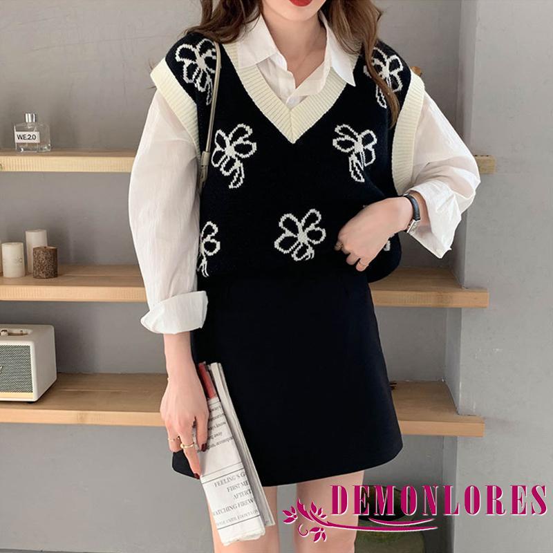 Áo dệt kim sát nách cổ chữ V dáng rộng in họa tiết hoa đơn giản ngọt ngào cho nữ