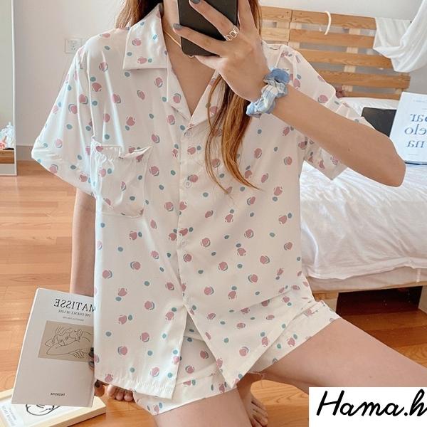 Bộ ngủ nữ Pijama lụa ngắn tay họa tiết xinh xắn ullazang mặc ở nhà mùa hè phong cách Hàn Quốc dễ thương cộc tay-BNN04