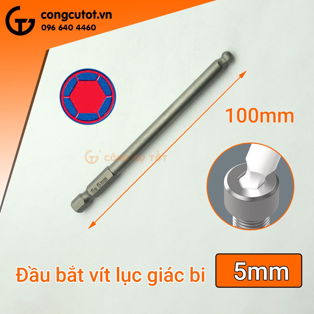 Đầu bắt vít lục giác bi dài 100mm chuôi lục thép S2