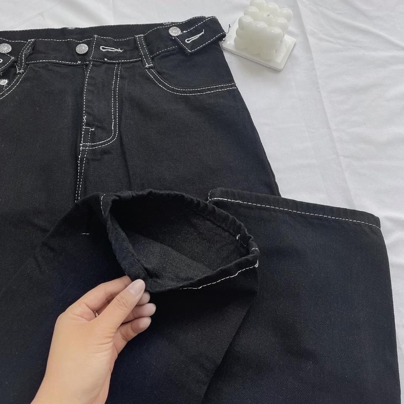 (có sẵn) Quần jean đen ống rộng viền trắng nút cài unisex (nam nữ mặc được)