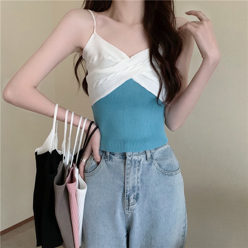 Áo Hai Dây Dáng Ngắn Màu Sắc Tương Phản Thời Trang Mùa Hè Cho Nữ