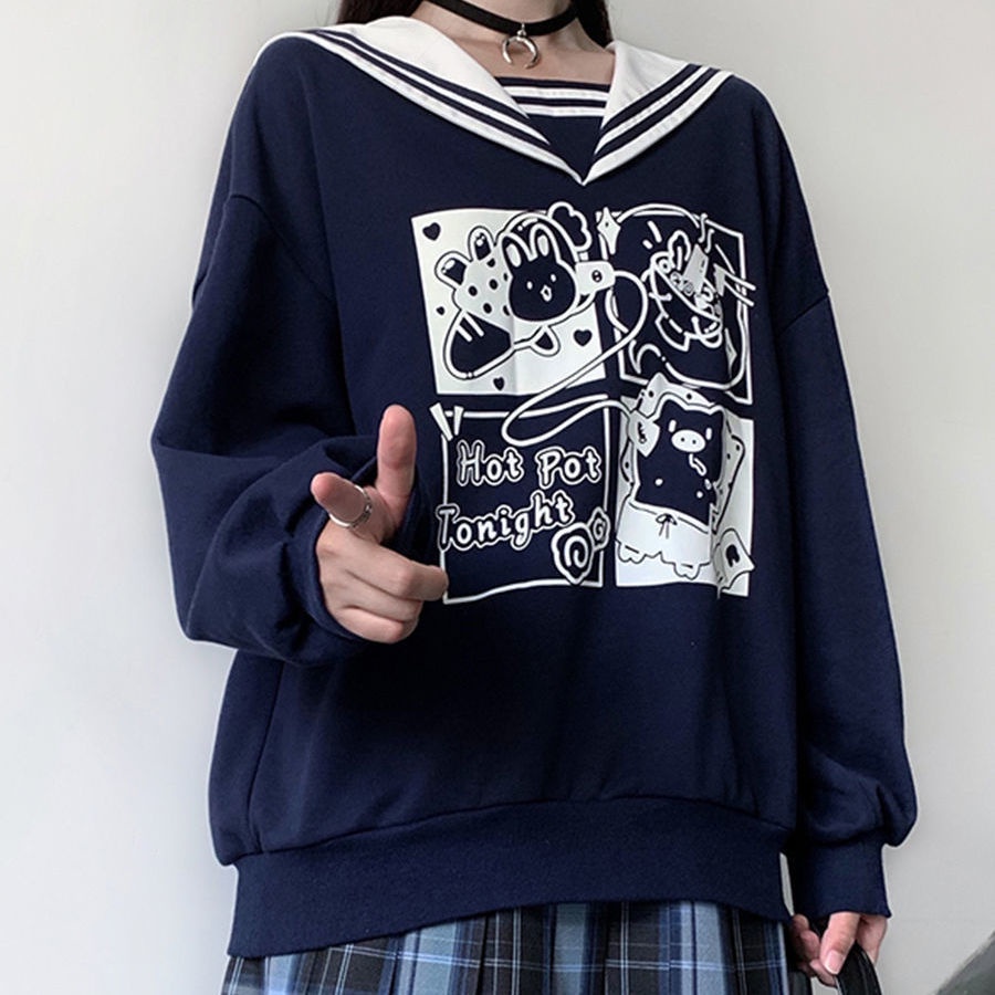 Áo khoác sweater tay dài cổ thủy thủ kiểu Nhật Bản dễ thương cho nữ | BigBuy360 - bigbuy360.vn