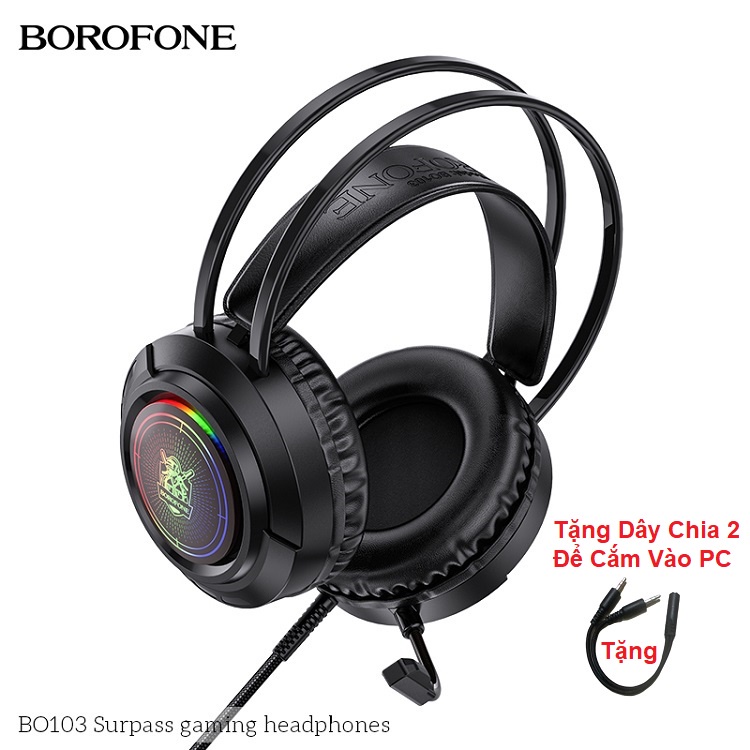 Tai Nghe Chụp Tai Có Dây Cho Game thủ BOROFONE BO103, Chống Ồn, Hiệu Ứng LED đẹp mắt, Jack USB và 3.5mm - Bảo Hành 12T