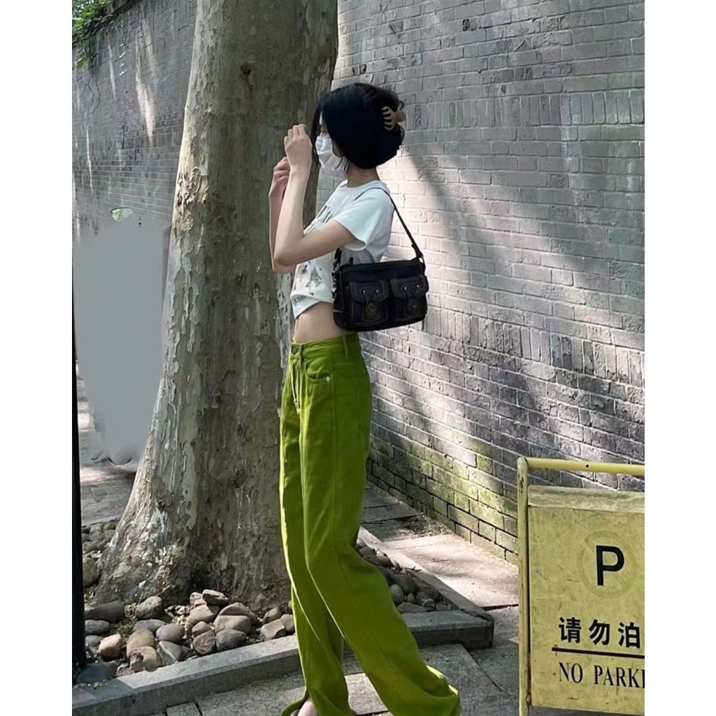 Quần Jean Dài Ống Đứng Xẻ Tà Màu Xanh Bơ Phong Cách Mỹ Thời Trang Mùa Hè Cho Nữ