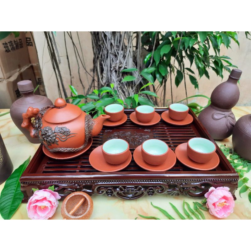 [Tặng 2 chén] Bộ Ấm Chén Tử Sa Bát Tràng Trạm Hoa Nổi Cực Sang Trọng, Tinh Tế.