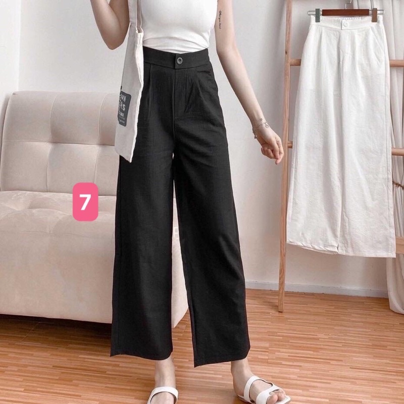 Quần ống rộng đũi lưng thun.
