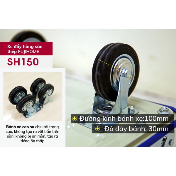 Xe đẩy hàng 4 bánh gấp gọn chở 100kg Nhập Khẩu FUJIHOME SH150, xe kéo hàng gấp gọn đa năng sàn thép,bánh cao su chống ồn