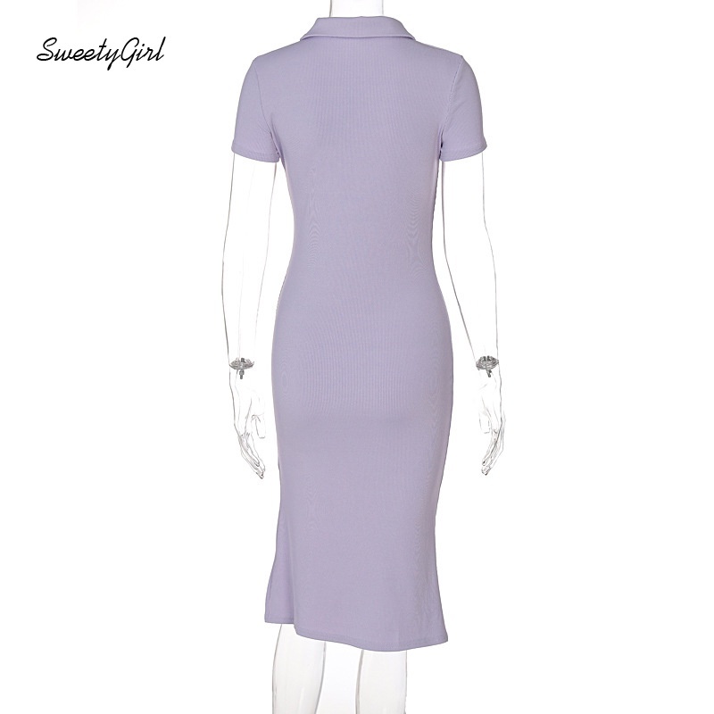 Đầm Midi Tay Ngắn Cổ Bẻ Màu Trơn Cài Nút Thời Trang Thanh Lịch Cho Nữ