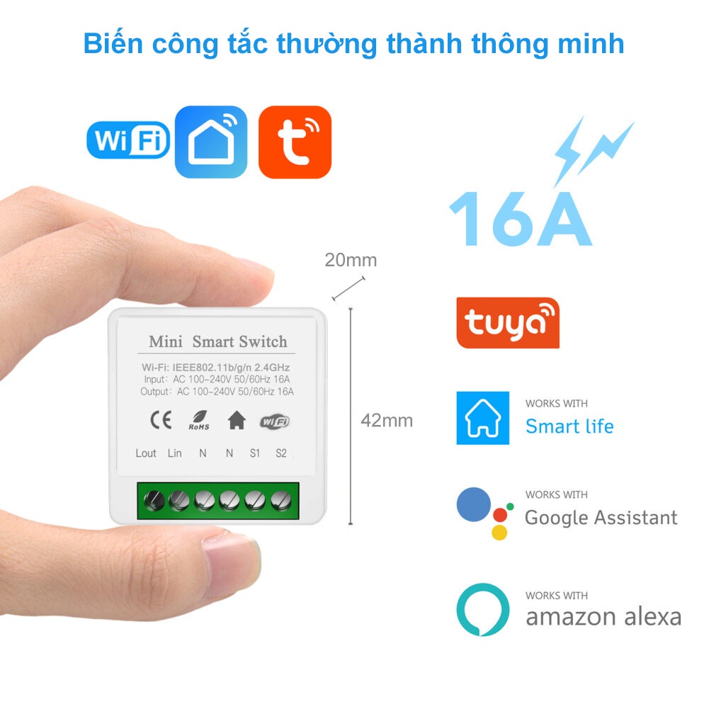 Công tắc điều khiển từ xa Tuya mini 16A, kết nối wifi, hẹn giờ bật tắt qua điện thoại, lắp được cho công tắc cầu thang