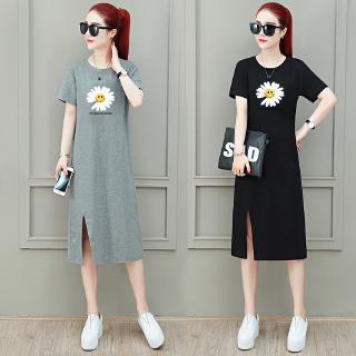 Đầm thun ngắn tay xẻ tà in hoa cúc phong cách Hàn Quốc cho nữ
