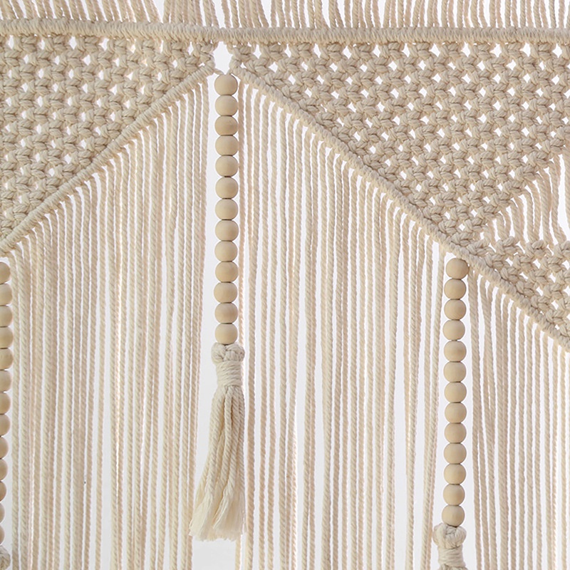 Rèm Macrame Treo Tường Đan Sợi Màu Trắng Be Tua Rua Trang Trí Phông Nền Nhà Cửa (Không Bao Gồm Thanh Gỗ)