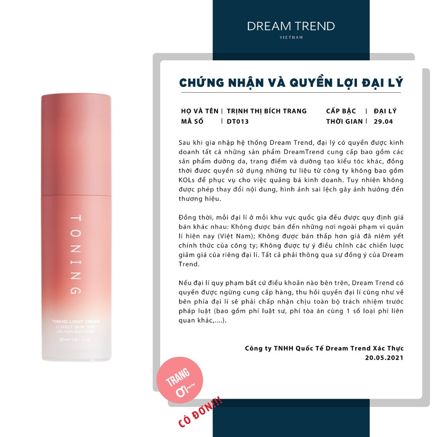HSD 2026 MỚI NHẤT - KEM LƯỜI nâng tone da trắng sáng TONING Dream Trend - Kem dưỡng nâng tone da
