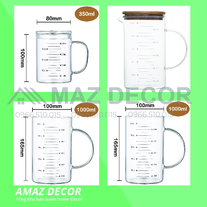 Ly Cốc ca thủy tinh Glass Cup chia vạch đo lường định lượng đong thể tích có nắp gỗ đậy chịu nhiệt 350-500-1000ml