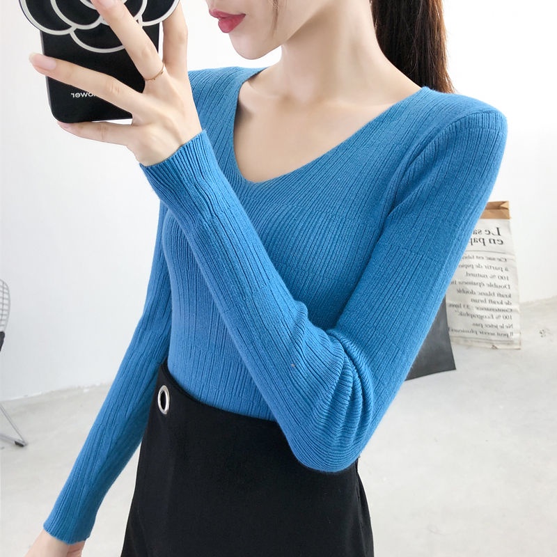 Áo Sweater Tay Dài Dáng Ôm Cổ Chữ V Phong Cách Hàn Quốc Thời Trang Mùa Thu Mới 2022