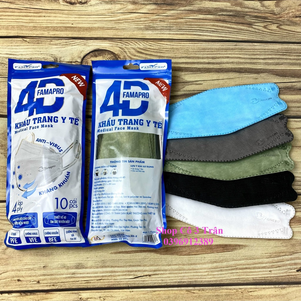 Khẩu Trang 4D DẠNG TÚI FAMAPRO 10 Cái / Túi - Khẩu Trang 4D 4 Lớp Kháng Khuẩn Chính Hãng Nam Anh