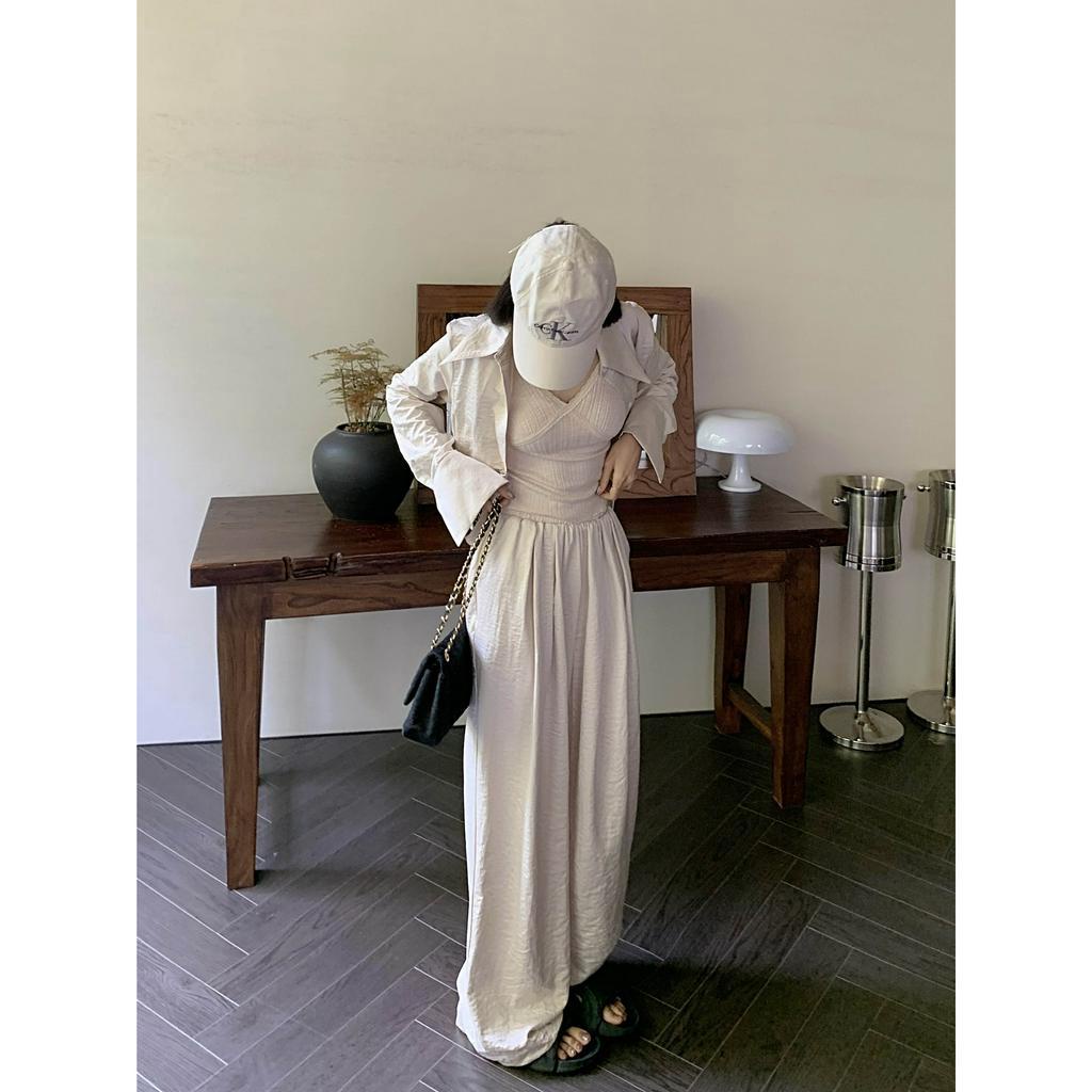 Set Áo Sơ Mi Tay Dài Phối Quần Dài Ống Rộng Thời Trang Trẻ Trung