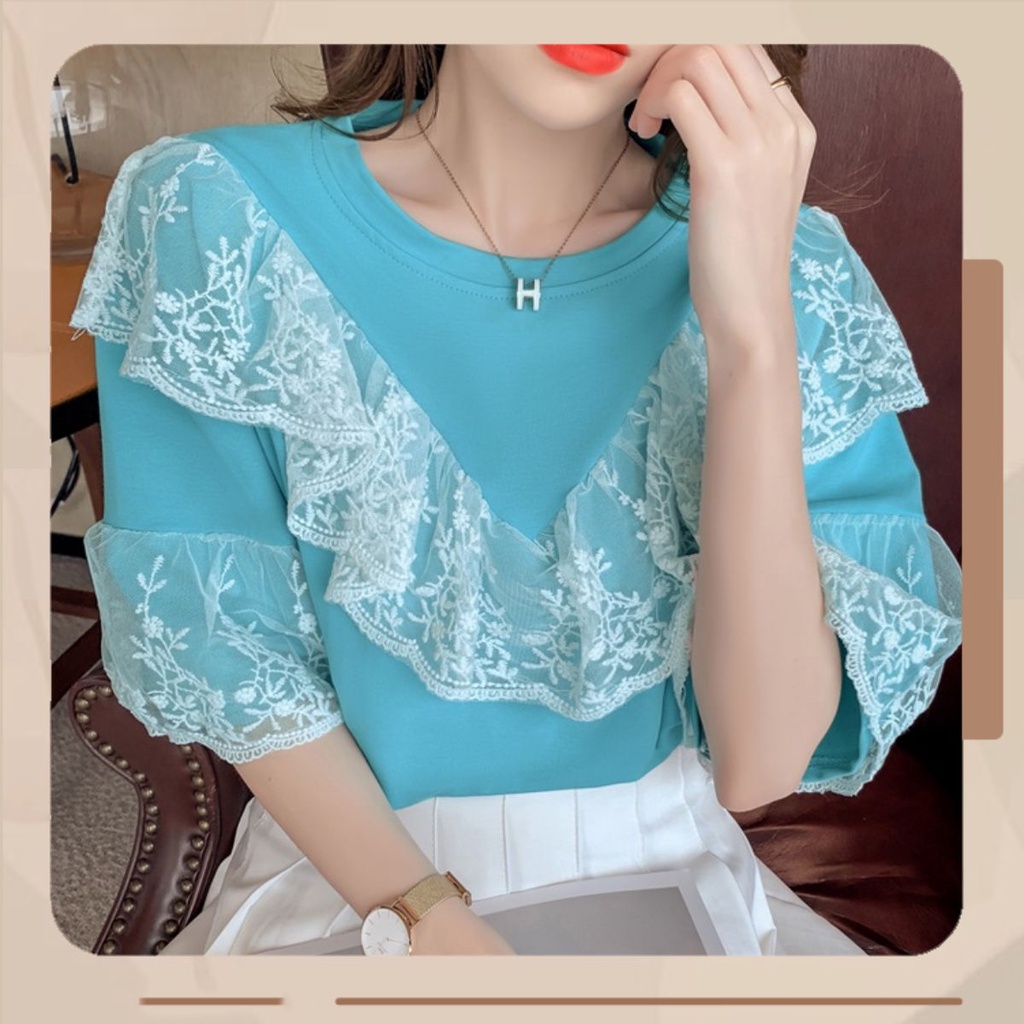 HL Fashion| HLA61 Áo phông nữ cổ tròn tay lỡ mùa hè 2021 phiên bản hàn quốc phối ren bèo điệu đà xinh xắn