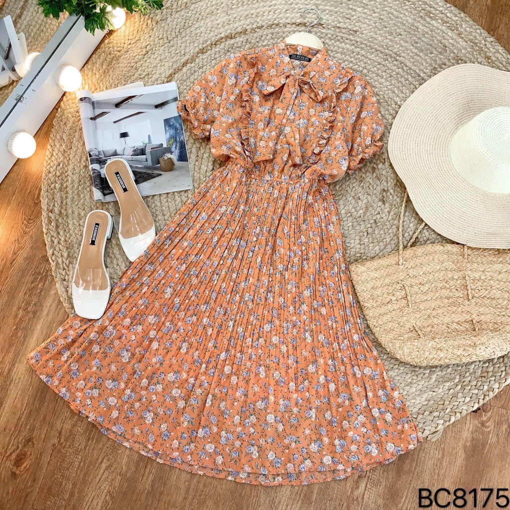 Đầm Maxi hoa, xếp li cách điệu, phối cổ nơ xinh xắn, vô cùng nữ tính VINTAGE STORE