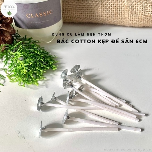 Bấc Nến Cotton Phủ Sáp kẹp đế sắt tròn sẵn 10cm